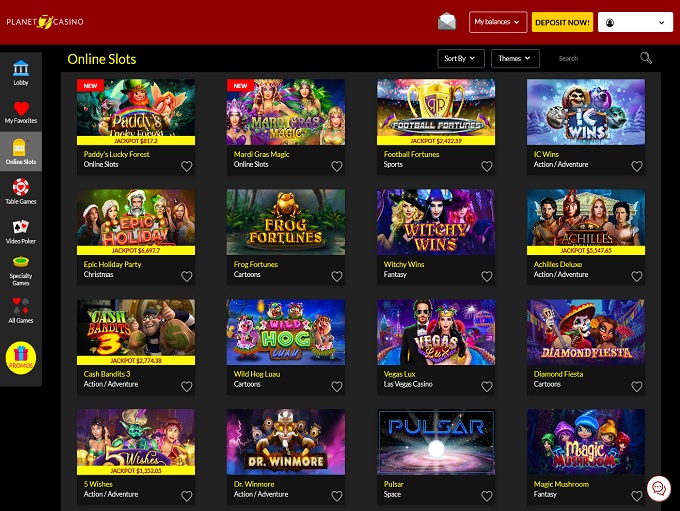 Planet 7 Casino game lobby layout